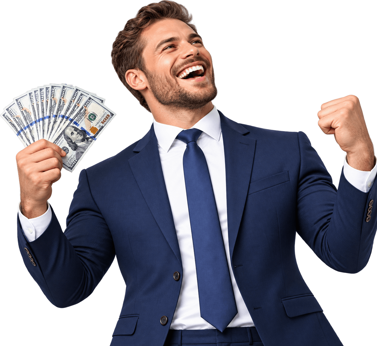 Smiling investor in a navy suit celebrating with a fan of dollar bills.